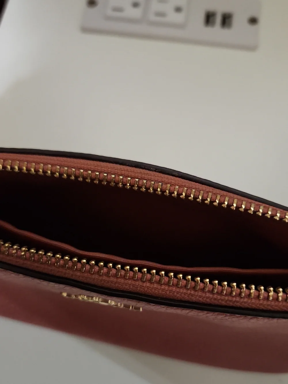 Coach Pebble Leather Shoulder Wristlet in Dusty Rose with Gold Chain